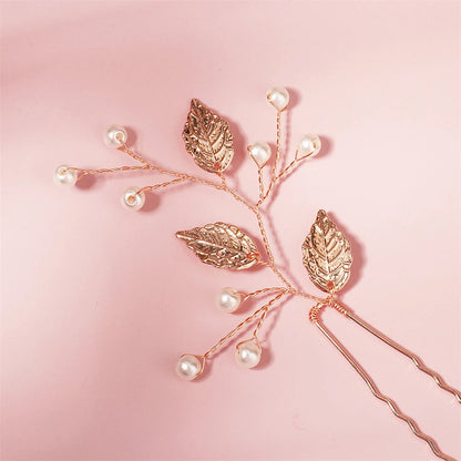 Rose Gold Color Leaf Pearl Hair Comb Wedding Hair Accessories Bridal Hair Clip Head Jewelry for Women