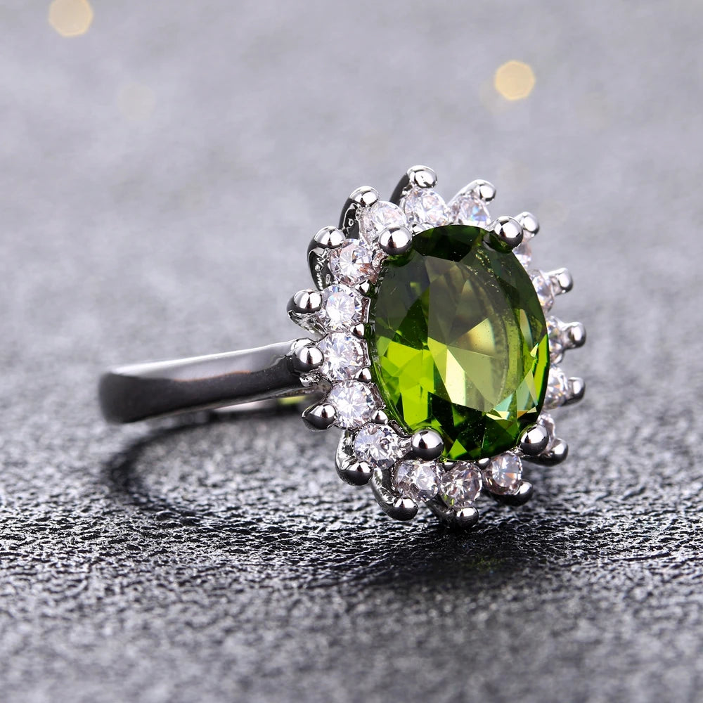 Silver Ring Flower Silver Rings with Peridot Stones Shining Luxury Wedding Engagement Rings for Women Jewelry