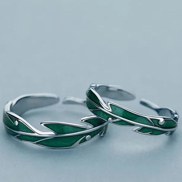 Sterling Silver Feather &amp; Green Leaf Ring - Adjustable Couple Ring