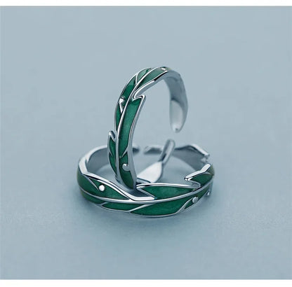 Sterling Zilveren Veer & Groen Blad Ring - Verstelbare Couple Ring