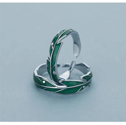 Sterling Silver Feather &amp; Green Leaf Ring - Adjustable Couple Ring