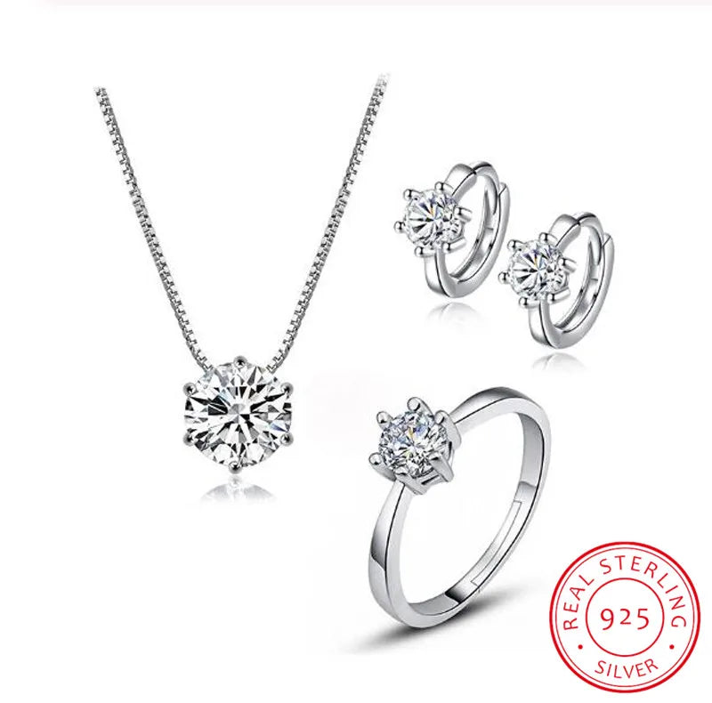 Parure de bijoux en argent – ​​Collier, boucles d'oreilles et bague en zircone à 6 griffes rayonnantes