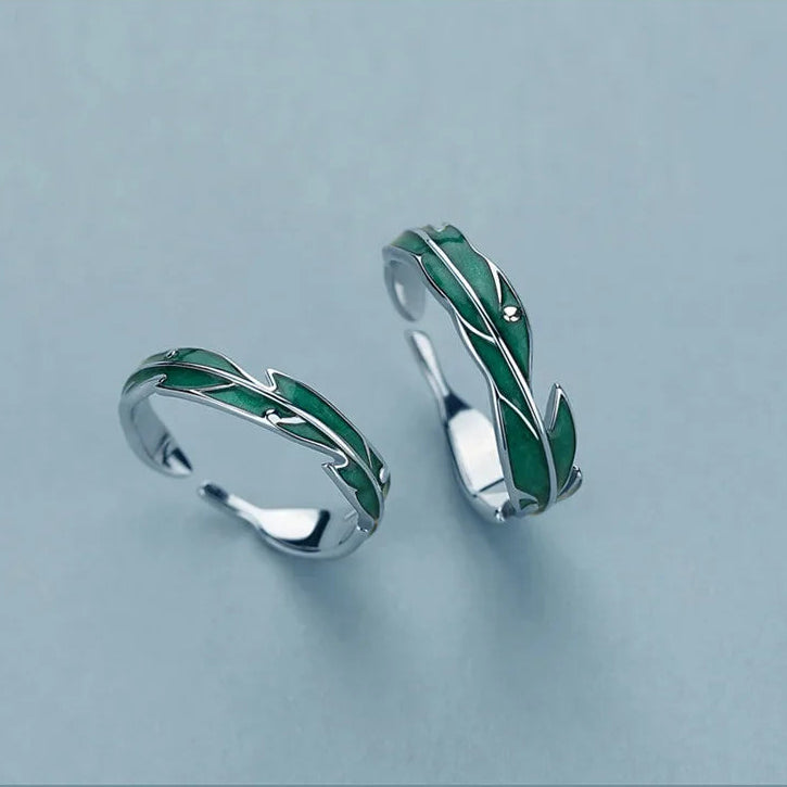 Sterling Silver Feather &amp; Green Leaf Ring - Adjustable Couple Ring