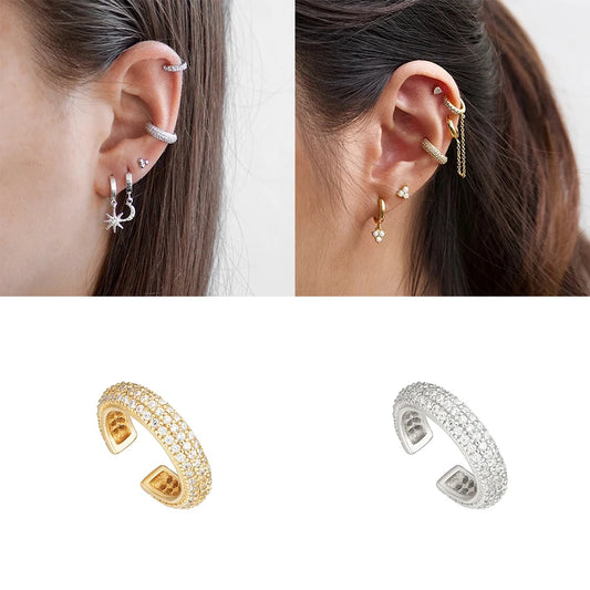 Boucles d'oreilles à clip en argent sterling 925 de luxe à trois rangées de pierres de zircon en forme de C pour femmes et filles