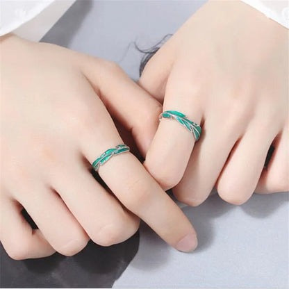 Sterling Silver Feather &amp; Green Leaf Ring - Adjustable Couple Ring