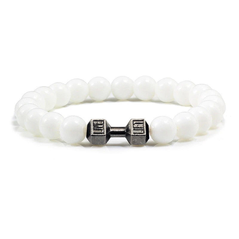 Natural Volcanic Stone Bracelet – Black &amp; White Beads with Dumbbell Charm (Unisex)