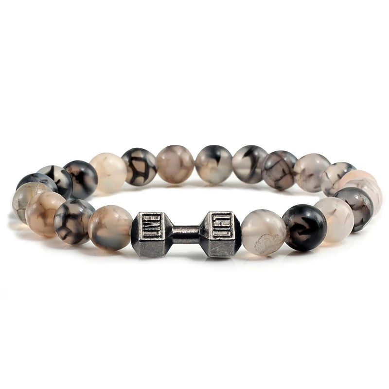 Natural Volcanic Stone Bracelet – Black &amp; White Beads with Dumbbell Charm (Unisex)