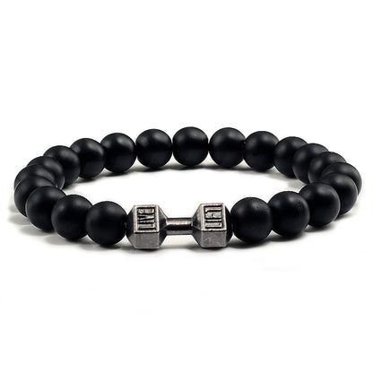 Natural Volcanic Stone Bracelet – Black &amp; White Beads with Dumbbell Charm (Unisex)