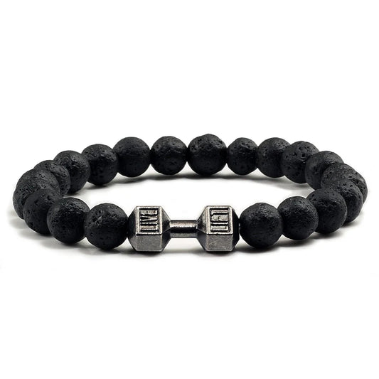 Bracelet en pierre volcanique naturelle – Perles noires et blanches avec breloque haltère (unisexe)