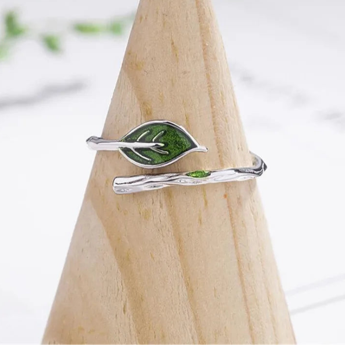 🌿 Uini-Tail 925 Tibetan Silver Green Leaf Cocktail Ring – Verstelbaar, Natuurdesign