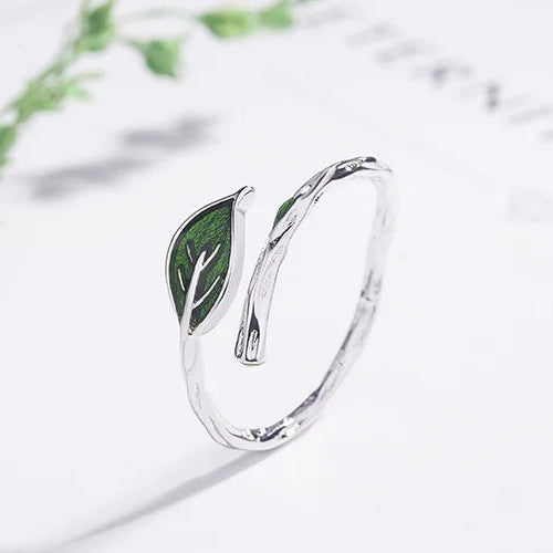 Bague cocktail en argent tibétain 925 Uini-Tail avec feuille verte – Réglable, design naturel