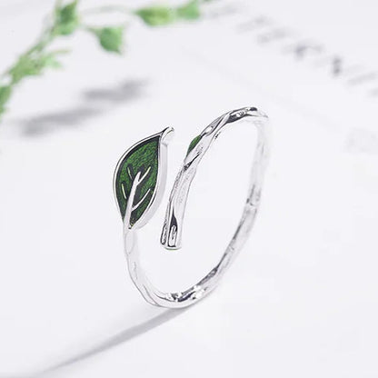 🌿 Uini-Tail 925 Tibetan Silver Green Leaf Cocktail Ring – Verstelbaar, Natuurdesign