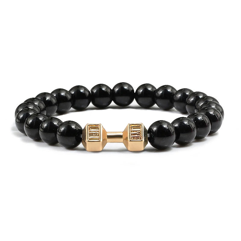 Natural Volcanic Stone Bracelet – Black &amp; White Beads with Dumbbell Charm (Unisex)