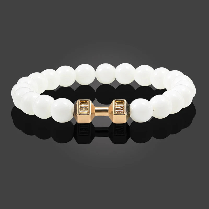 Natural Volcanic Stone Bracelet – Black &amp; White Beads with Dumbbell Charm (Unisex)