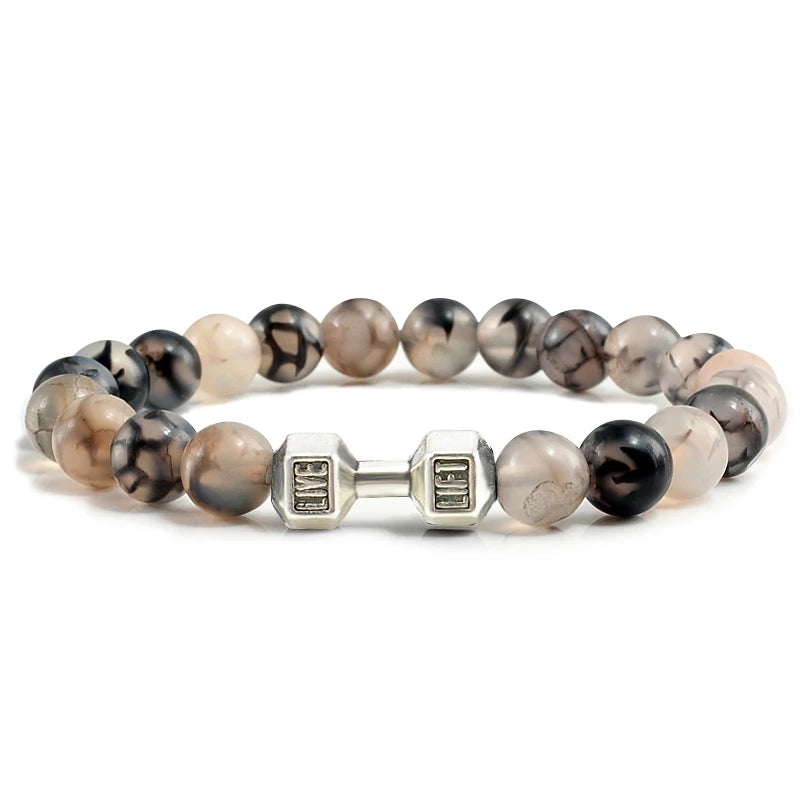 Natural Volcanic Stone Bracelet – Black &amp; White Beads with Dumbbell Charm (Unisex)