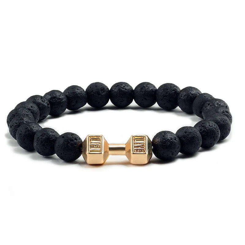 Natural Volcanic Stone Bracelet – Black &amp; White Beads with Dumbbell Charm (Unisex)