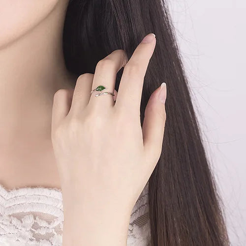 🌿 Uini-Tail 925 Tibetan Silver Green Leaf Cocktail Ring – Verstelbaar, Natuurdesign