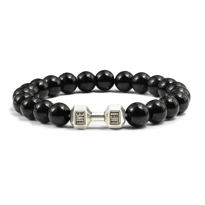 Natural Volcanic Stone Bracelet – Black &amp; White Beads with Dumbbell Charm (Unisex)