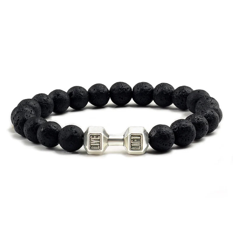 Natural Volcanic Stone Bracelet – Black &amp; White Beads with Dumbbell Charm (Unisex)