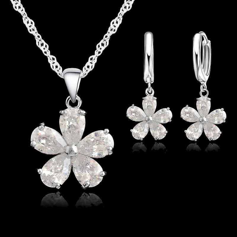 Ensemble de bijoux en argent de haute qualité - Magnifiques boucles d'oreilles et collier à fleurs pour femmes - Mariage / Fiançailles / Fête