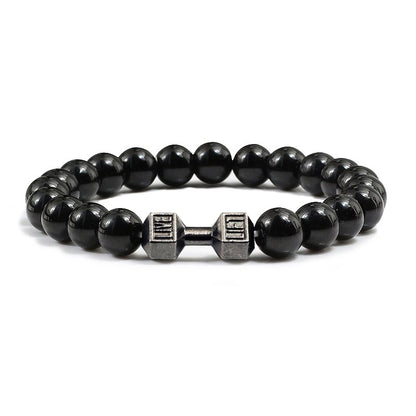 Natural Volcanic Stone Bracelet – Black &amp; White Beads with Dumbbell Charm (Unisex)