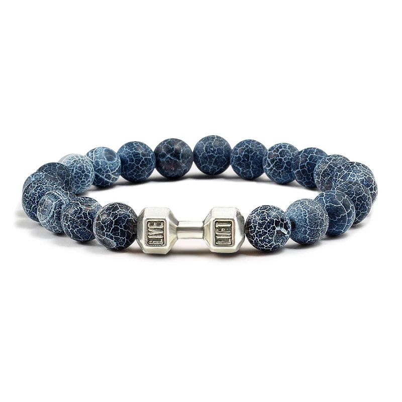 Natuurlijke Vulkanische Steen Armband – Zwart & Wit Kralen met Dumbbell Bedel (Unisex)