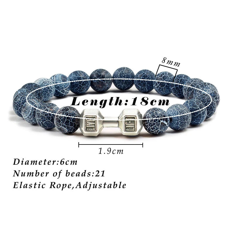 Natural Volcanic Stone Bracelet – Black &amp; White Beads with Dumbbell Charm (Unisex)