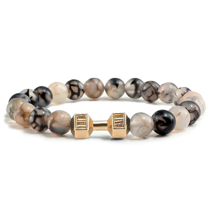 Natuurlijke Vulkanische Steen Armband – Zwart & Wit Kralen met Dumbbell Bedel (Unisex)