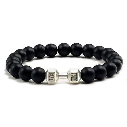 Natural Volcanic Stone Bracelet – Black &amp; White Beads with Dumbbell Charm (Unisex)