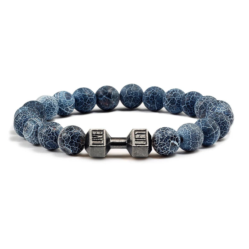 Natuurlijke Vulkanische Steen Armband – Zwart & Wit Kralen met Dumbbell Bedel (Unisex)