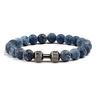 Natuurlijke Vulkanische Steen Armband – Zwart & Wit Kralen met Dumbbell Bedel (Unisex)