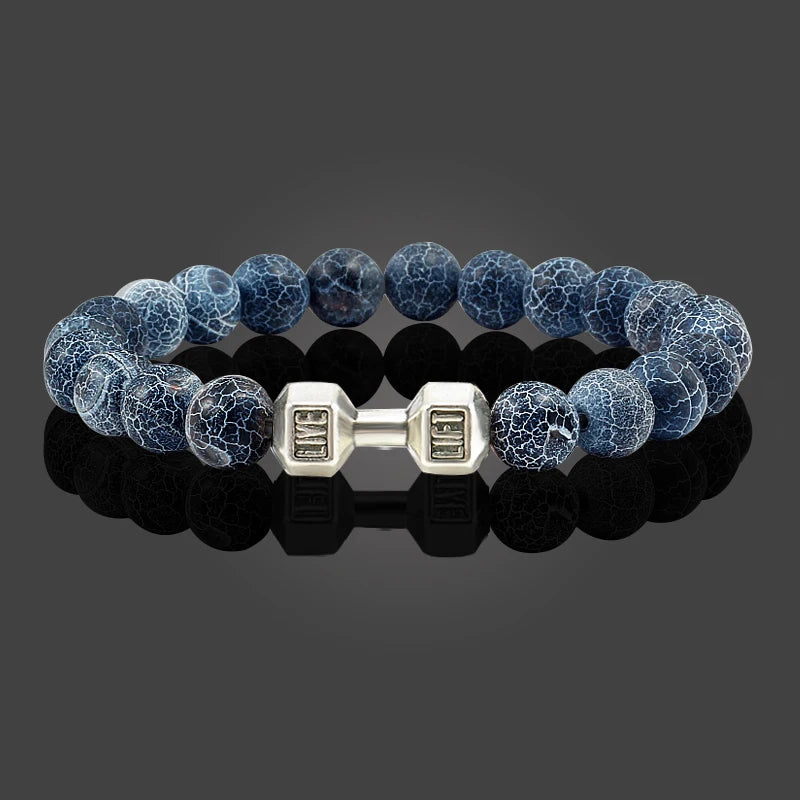 Natural Volcanic Stone Bracelet – Black &amp; White Beads with Dumbbell Charm (Unisex)