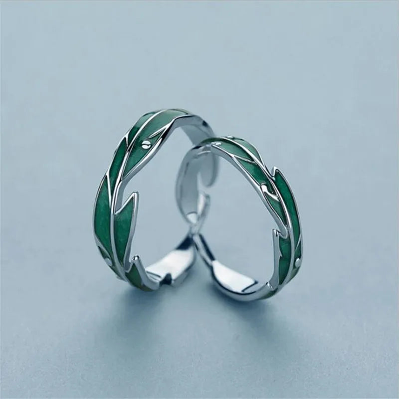 Sterling Zilveren Veer & Groen Blad Ring - Verstelbare Couple Ring