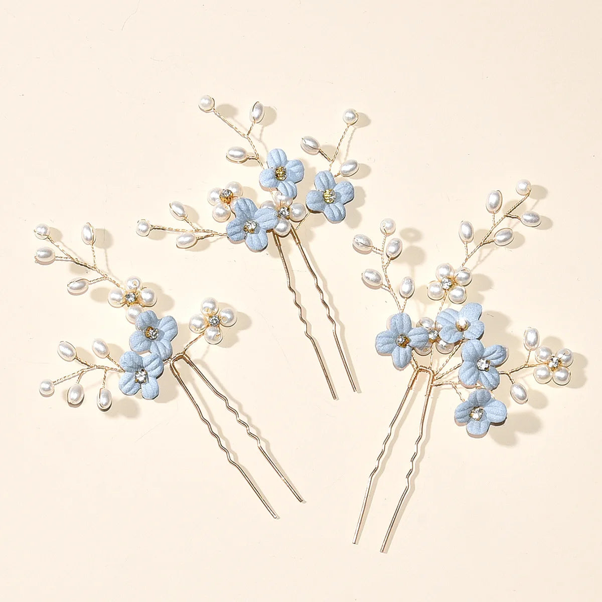 Lot de 3 épingles à cheveux en forme de U à fleurs bleues avec perle – Pinces à cheveux élégantes pour mariage et accessoires pour cheveux