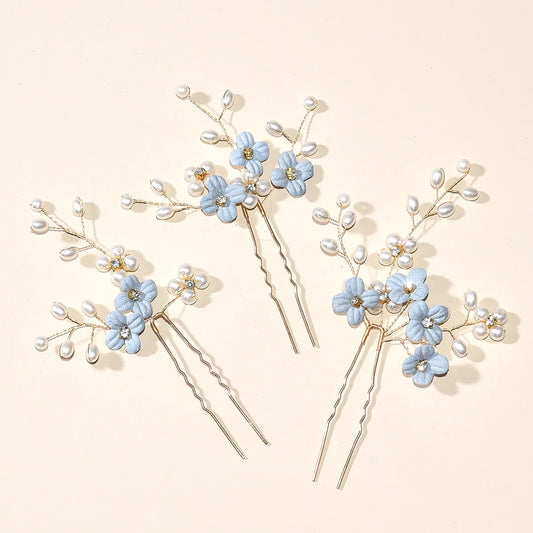 3 Piece Blue Flower U Shape Hairpins with Pearl – Elegant Hair Clips for Wedding and Hair Accessories 