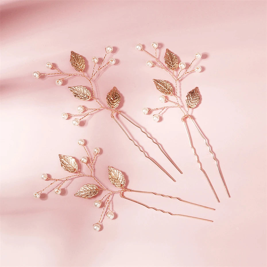 Rose Gold Color Leaf Pearl Hair Comb Wedding Hair Accessories Bridal Hair Clip Head Jewelry for Women