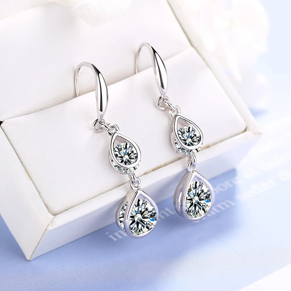 Boucles d'oreilles pendantes en argent sterling 925 de haute qualité avec double cristal pour femmes