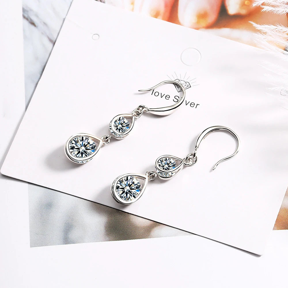 Boucles d'oreilles pendantes en argent sterling 925 de haute qualité avec double cristal pour femmes