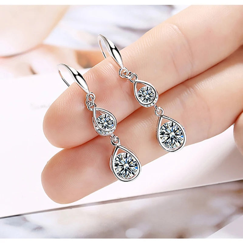 Boucles d'oreilles pendantes en argent sterling 925 de haute qualité avec double cristal pour femmes