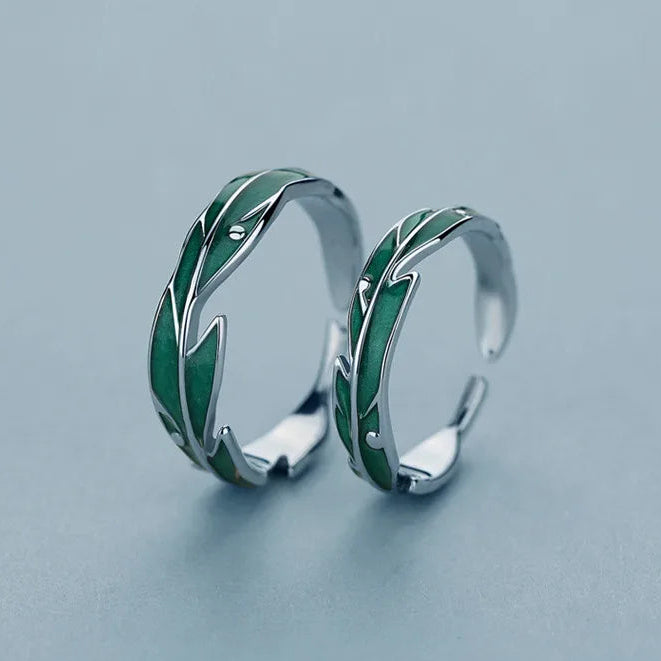 Sterling Silver Feather &amp; Green Leaf Ring - Adjustable Couple Ring