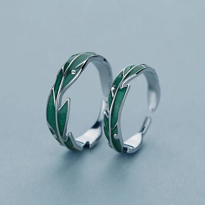 Sterling Zilveren Veer & Groen Blad Ring - Verstelbare Couple Ring