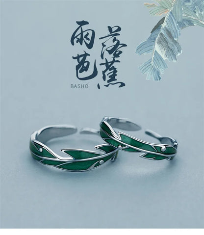 Sterling Zilveren Veer & Groen Blad Ring - Verstelbare Couple Ring