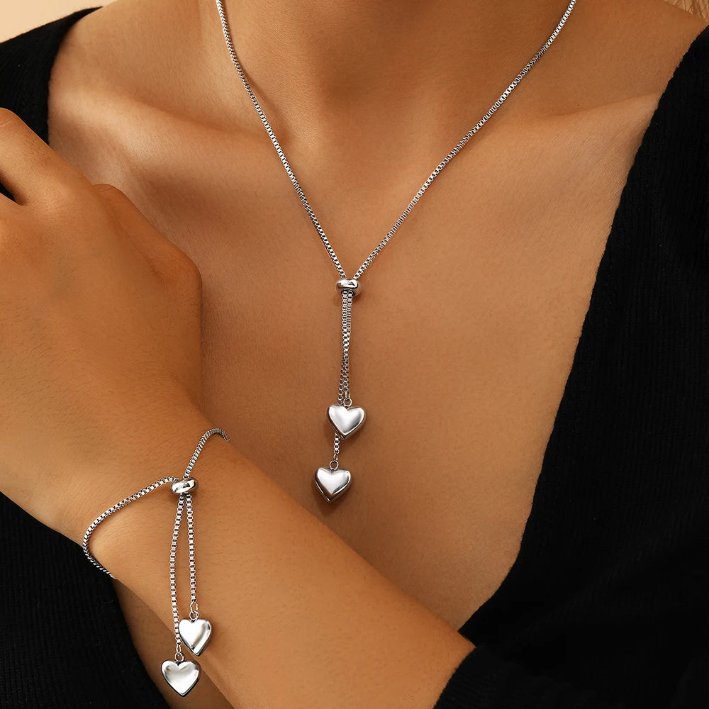 Stainless Steel Heart Shaped Jewelry Set – Bohemian Necklace and Bracelet