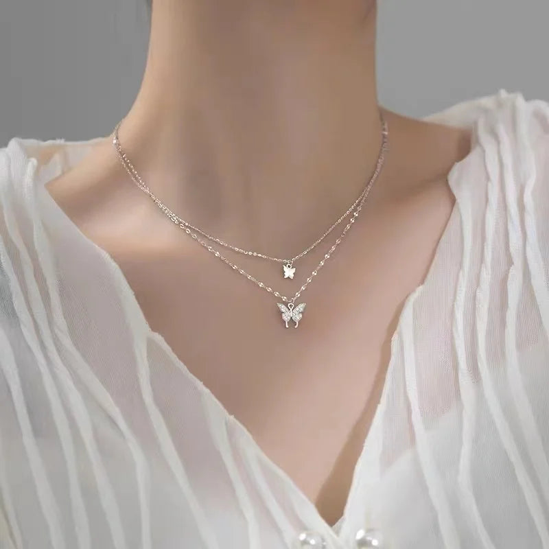 Collier papillon double couche en argent populaire pendentif insecte en zircone cadeau d'anniversaire pour femmes bijoux fins