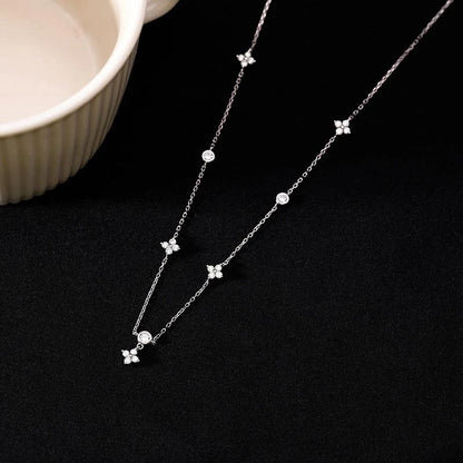 Silver Four-petal Flower Zircon Necklace for Women