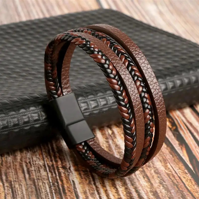 Bracelet en cuir classique pour homme – Design multicouche tissé à la main