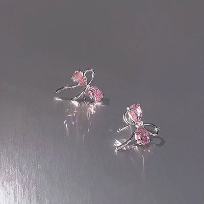 Silver Bow Pink Zirconia Stud Earrings for Women - Piercing, Wedding, Luxury Jewelry