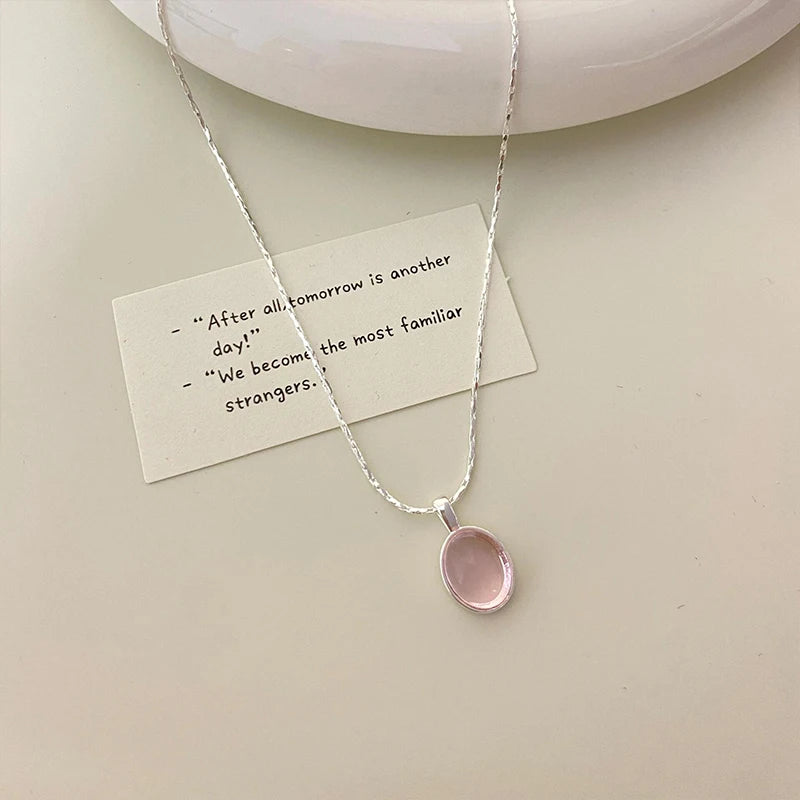 Zilveren Roze Kristal Maansteen Hanger Ketting voor Vrouwen - Mode en Eenvoudig Ovalen Pendel Clavicle Chain Feest Sieraden