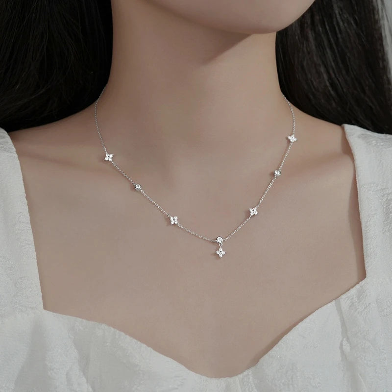 Silver Four-petal Flower Zircon Necklace for Women