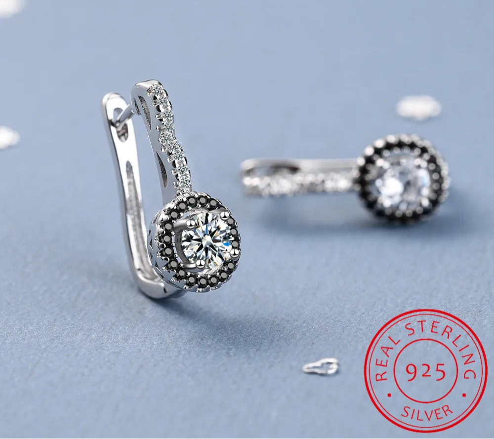 Nieuwe Vintage Echte 925 Sterling Zilveren Verlovings Huggies Oorbellen voor Vrouwen met Zwart & Wit Steentje – Sieraden Brincos